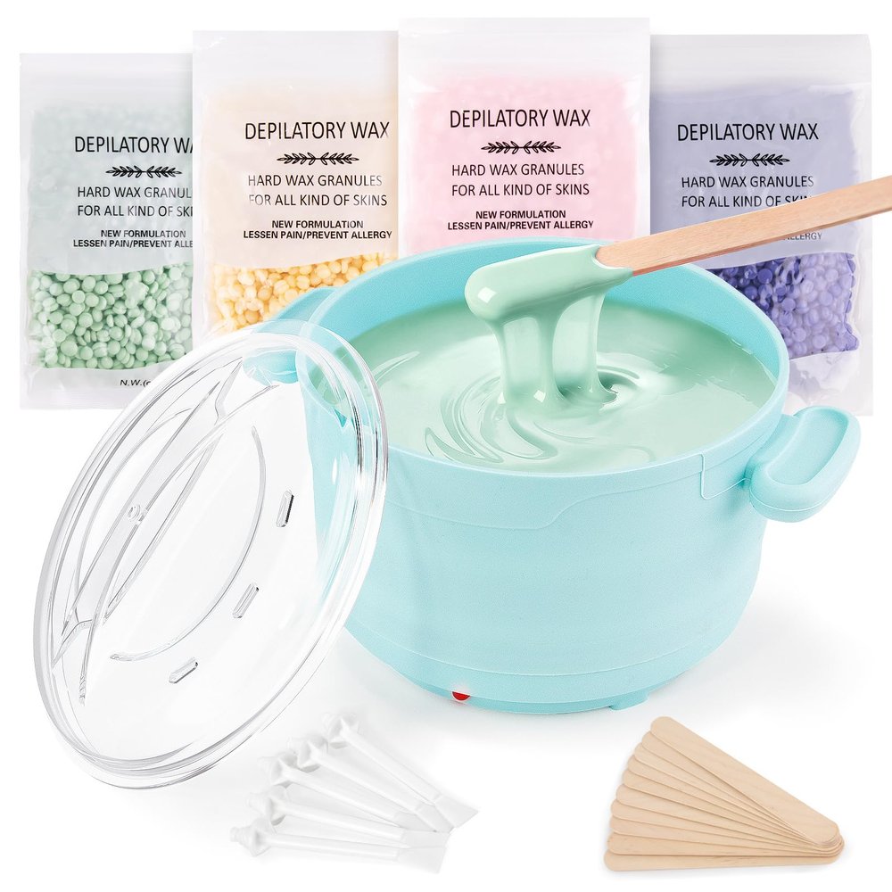 Waxing Kit, Foldable Wax Warmer with 4 Packs Hard Wax Beads, Silicone Wax Pot Machine for Full Body, Face, Eyebrows, Legs, Bikini, At Home Hair Removal Kit with 15 Accessories for Women Men, Green