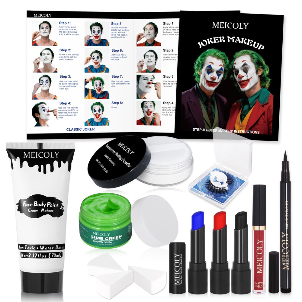 MEICOLY Joker Makeup Kit,Complete Joker Costume Clown Makeup,Clown White Face Paint Character Set for Halloween SFX Cosplay Stage Performance Theatre,Green Hair Dye,Setting Powder,Red Lip Gloss
