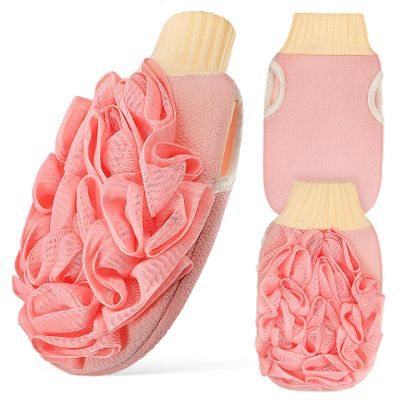 GANAZONO 3-Piece Exfoliating Mitt Set Double-Sided Body Scrubber in Pink Dead Skin Remover for Soft Skin for Shower Use