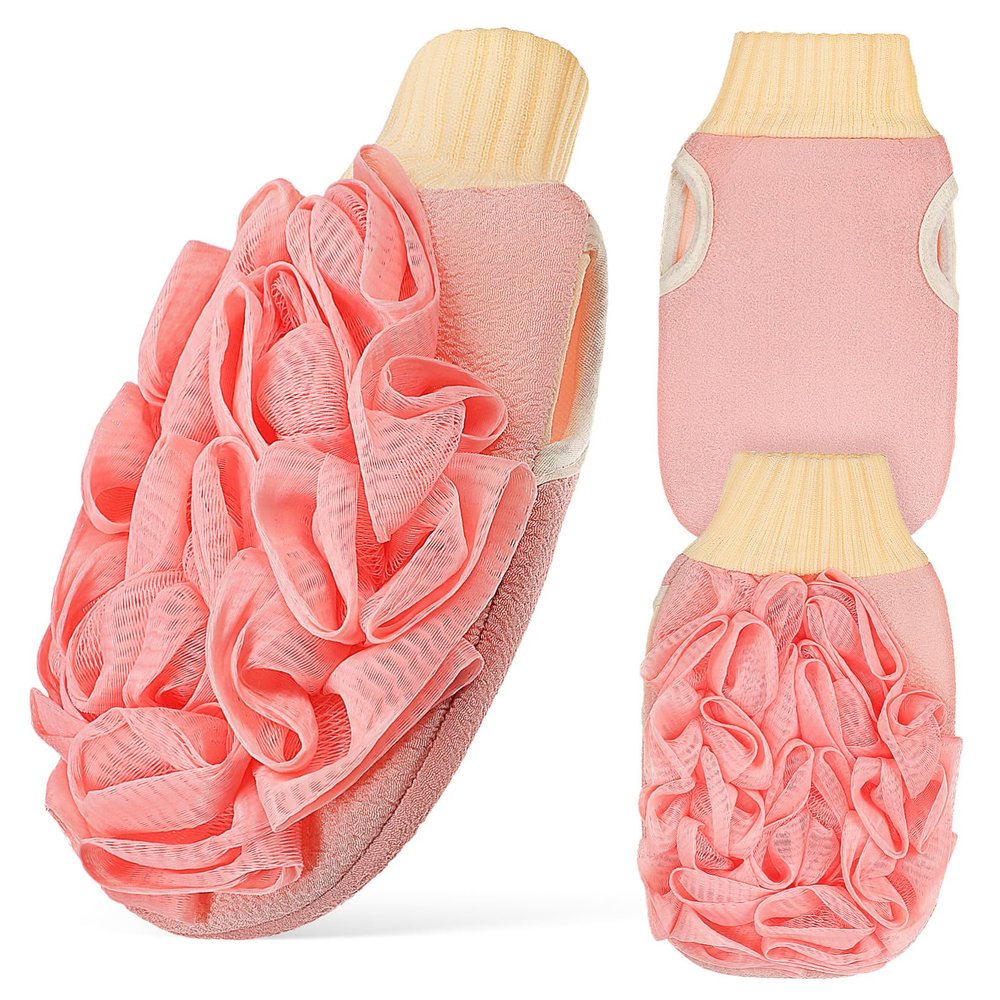 GANAZONO 3-Piece Exfoliating Mitt Set Double-Sided Body Scrubber in Pink Dead Skin Remover for Soft Skin for Shower Use