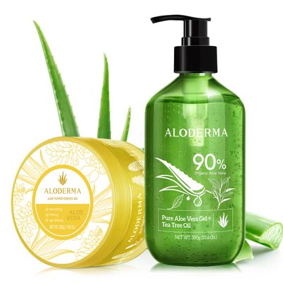 Aloderma Aloe Vera Gel Set 2 Pack - Aloe Flower Essence Gel, Aloe Vera Gel + Tea Tree Oil