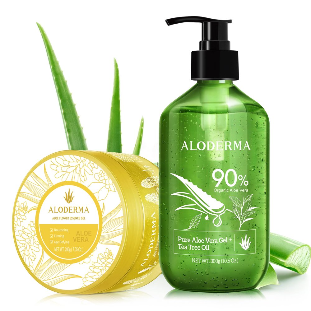 Aloderma Aloe Vera Gel Set 2 Pack - Aloe Flower Essence Gel, Aloe Vera Gel + Tea Tree Oil
