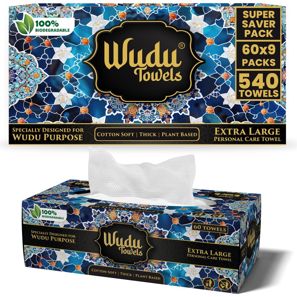 [Bulk 540-Count] Wudu Towels  60 Count x 9 Packs  Biodegradable Dry Ablution Towels  Islamic Prayer Accessory for Home, Mosque, Travel  Pairs with Prayer Beads, Mats & Qibla Compass