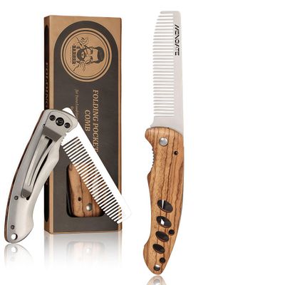 1PC Small Folding Pocket Beard & Mustache & Hair Styling Comb for Men - Metal Tactical Grooming Tool with Wooden Handle, with 180 Rotatable for Outdoor Travel & Home Use - Length 6.57inch