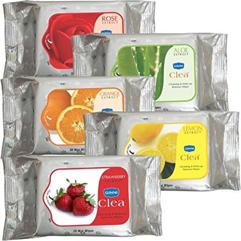 GINNI CLEA Cleansing & Makeup Remover Wipes - 5 Varieties (Rose, Lemon, Aloe Vera, Orange, Strawberry) | Gentle & Hydrating Face Wipes for All Skin Types | Pack of 5 (30 Wipes Per Pack)