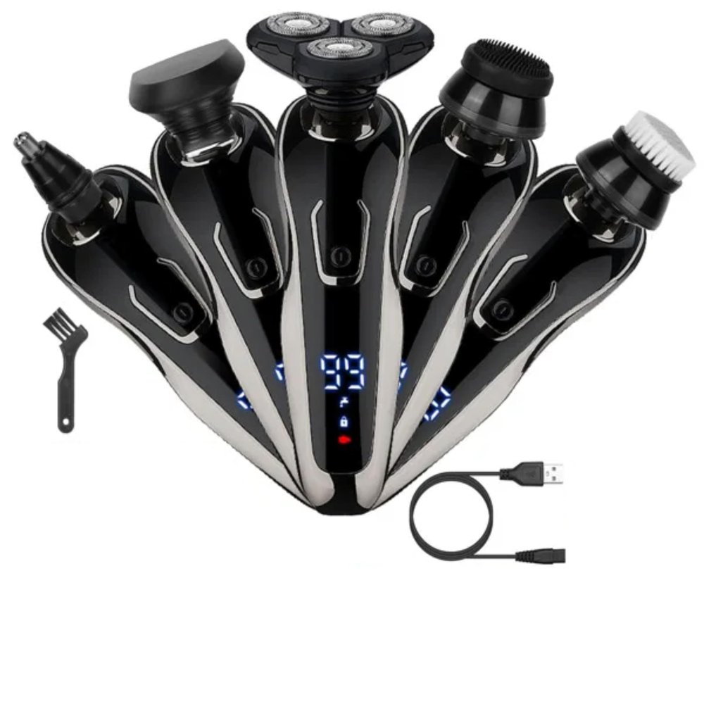 5 in 1 Electric Razor Shaver Rechargeable Cordless Head Beard Trimmer Shaver Kit Ipx6 Waterproof Dry Wet Grooming Kit, 3D Rotary Blade