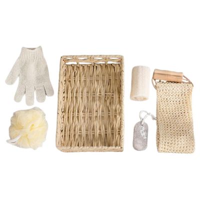 ARTSEWPLY 6-Piece Travel Portable Bath Set Wooden Handle Exfoliating Body Scrubber Foot Stone and Scrubbing Gloves for Women for Shower and Bathing Accessories