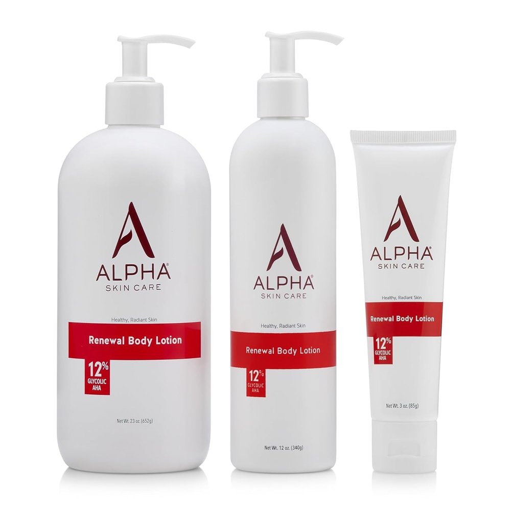 Alpha Skin Care Revitalizing Body Lotion, 12% Glycolic AHA, Simple & Effective Daily Moisturizer Hydroxy Acid, Hydrates & Exfoliates for Soft, Smooth Skin, Anti-Aging, 23 oz & 12 Oz & 3 Oz