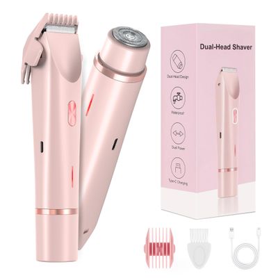 YZDJQX Bikini Trimmer for Women-2 in 1 Dual Head Electric Razors,IPX7 Waterproof Bikini Electric Shaver,Dry & Wet Use Painless Bikini Shaver,Pubic Hair Trimmer for Private Area & Body Hair, Pink