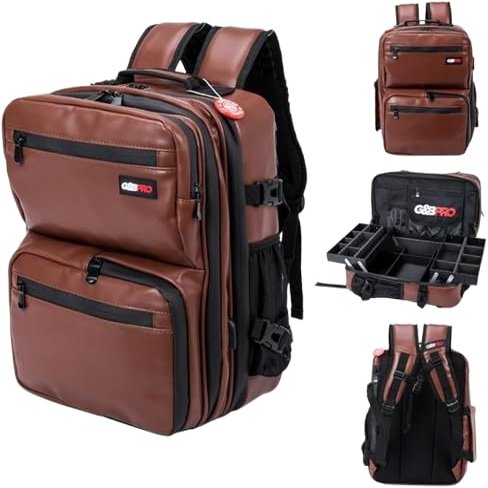 G&BPRO Backpack for Travel  Mid Size All-in-One Mobile Workstation with Extending Tray System  Hair Stylist & Durable Water-Resistant Bag (Brown/Leather With Black Zipper)