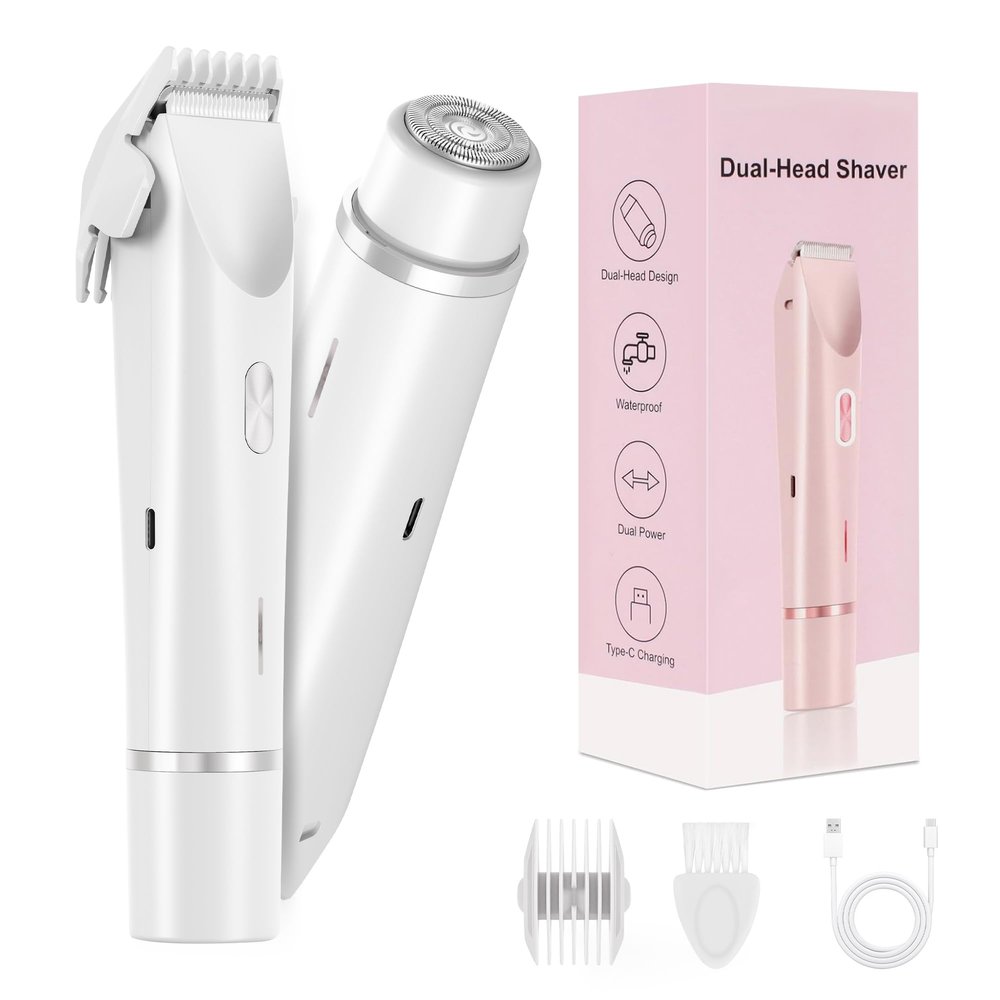 YZDJQX Bikini Trimmer for Women-2 in 1 Dual Head Electric Razors,IPX7 Waterproof Bikini Electric Shaver,Dry & Wet Use Painless Bikini Shaver,Pubic Hair Trimmer for Private Area & Body Hair,White