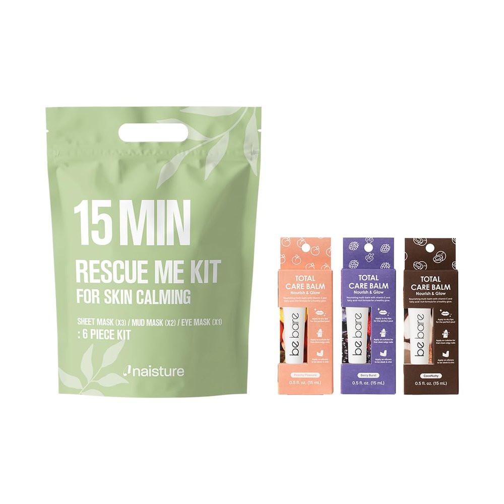 15 Min Rescue Me Kit by Naisture  Korean Spa and Revitalizing Skincare Kit for Women with Sheet, Eye, Mud Masks and Total Care Lip Balm Variety Pack