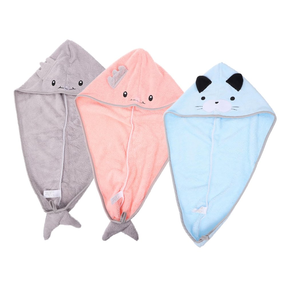 PartyKindom 3Pcs Cartoon Hair Drying Wrap Fast Drying Hair Care Cap for Women Super Absorbent Fleece Towel with Button for Home Travel Bath Spa Use
