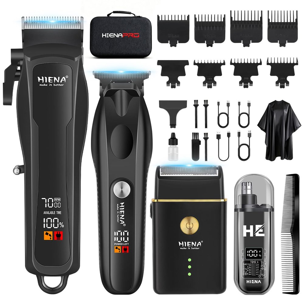 HIENA PRO Hair Clippers for Men Professional, Cordless Barber Clipper T-Blade Beard/Hair Trimmer Electric Razor Foil Shaver Set, Men's Hair Cutting Kit with LED Display, Barber or Home Use