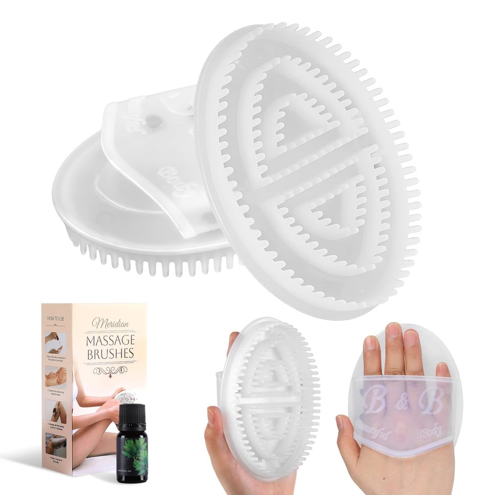2 PCS Meridian Brush Massage Body Brush, 2025 Upgraded Meridian Massage Brushes with 10 ML Essential Oil, Full Body Relaxation Cellulite Massager Brushes for Belly, Arms, Legs, Back (White)
