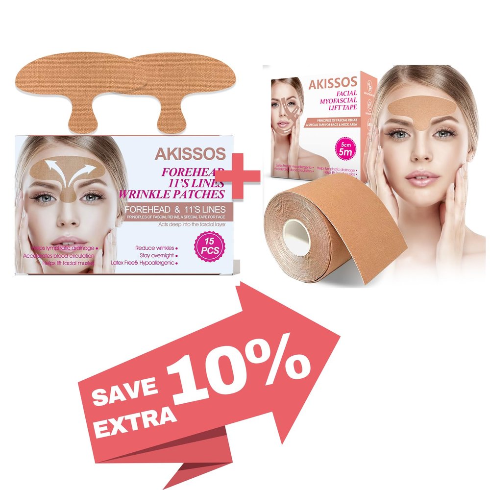 Akissos Facial Myofascial Lift Tape 5cm(1 Roll) and Forehead Wrinkle Patches Overnight (15 Pack)