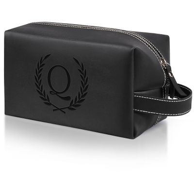 Aganmi Personalized Gifts Travel Toiletry Bag for Men Engraved Initial PU Leather Waterproof Shaving Bag for Toiletries Accessories Fathers Day Birthday Gift for Men Dad Husband Son, Black Q