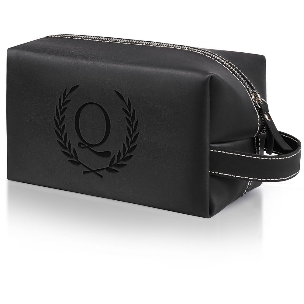 Aganmi Personalized Gifts Travel Toiletry Bag for Men Engraved Initial PU Leather Waterproof Shaving Bag for Toiletries Accessories Fathers Day Birthday Gift for Men Dad Husband Son, Black Q