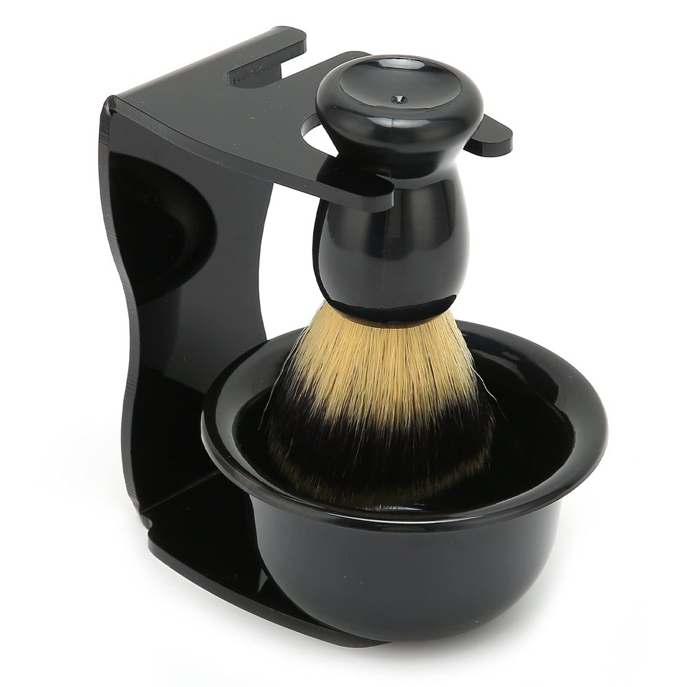 3pcs Shaving Brush Set for Men | ABS & Nylon Beard Brush/Foam Bowl/Stand | Soft Fibers for Sensitive Skin | Present for Father/Husband/Boyfriend