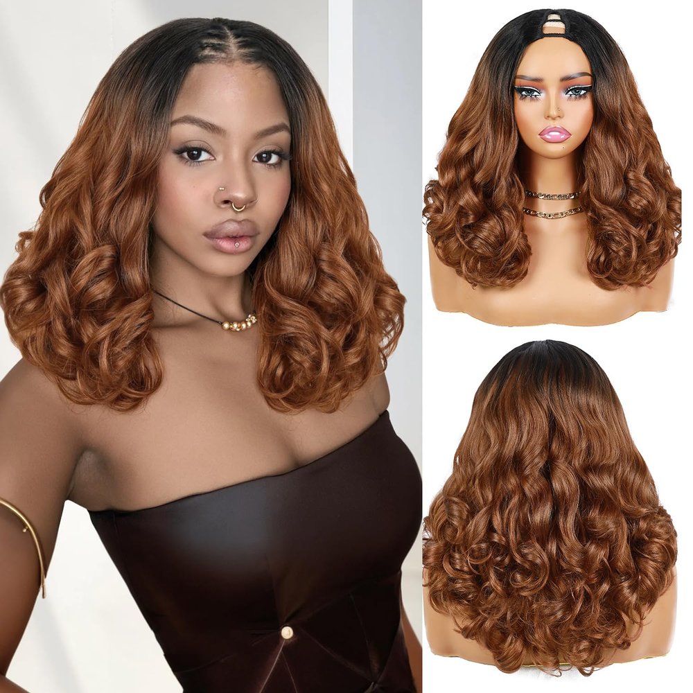 Quantum Love V Part Yaki Curly Wigs for Black Women Afro Curly V Part Synthetic Ombre Brown Wig Wear and Go Glueless No Leave out Clip in Half Wig 16Inch