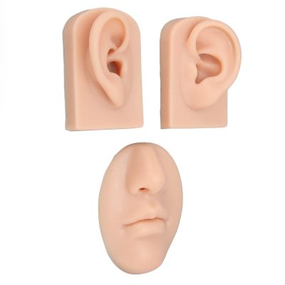 3D Silicone Nose and Mouth Model Set with Ear for Piercing Practice and Display - Realistic Skin Tone (Medium Skin Color)
