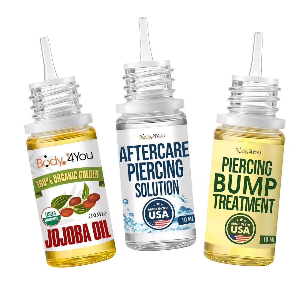 BodyJ4You 3PC Piercing Aftercare Kit - Saline Solution Drops Ear Nose Septum Belly Navel Cleanser - Organic Jojoba Oil Vitamin E - Keloid Bump Removal Care - Soothe Hydrate Moisturize Recovery Skin