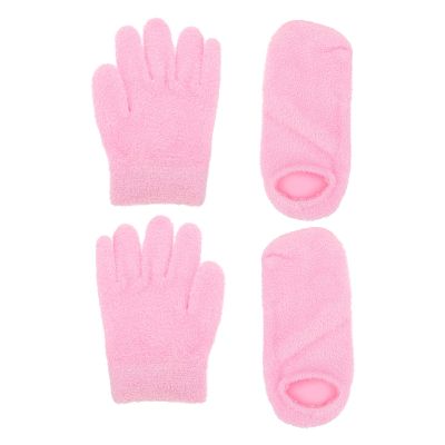 DEARMAMY 2Pairs Moisturizing Gel Gloves and Socks Women and Men of Lightweight Hand and Foot Covers Fast Absorption Reusable Pink for Dry Skin