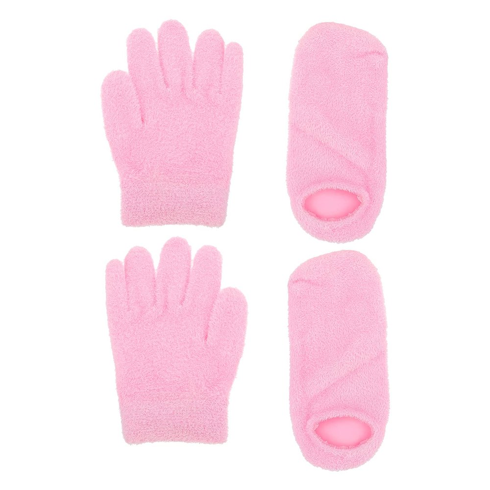DEARMAMY 2Pairs Moisturizing Gel Gloves and Socks Women and Men of Lightweight Hand and Foot Covers Fast Absorption Reusable Pink for Dry Skin