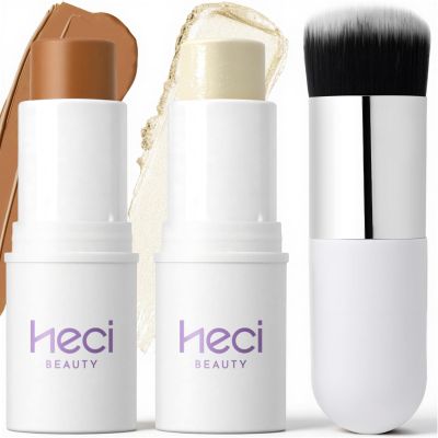 HECI BEAUTY Cream Contour Stick Kit for Mature Skin, Moisturize Bronzer Pen and Highlighter with Brush, Brightens & Shades Pencil, Long Lasting & Smooth Gliding Face Illuminator for Older Women