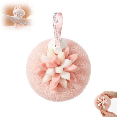Soft Sunflower Suction Cup Bath Ball, 2-in-1 Sunflower Bathing Ball with Finger Rings, Exfoliating Mesh Bath Sponge Cleaning Brush, Shower Loofah Sponge for Women Men (1Pc - Orange)