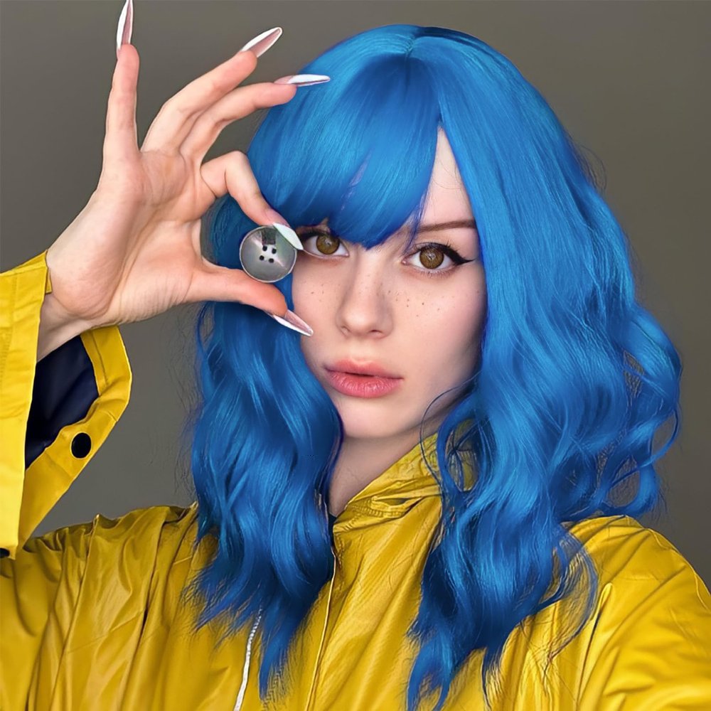 WERD Blue Wig for Women Short Wavy Wigs with Bangs Soft Short Blue Bob Wigs Synthetic Heat Resistant Fiber Wigs for Cosplay Halloween Costume Party