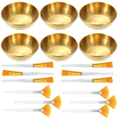 18 Pcs Esthetician Supplies for Facials Set, 6 Gold Stainless Steel Mixing Bowls, 6 Fan Mask Brushes & 6 Flat Applicator Brushes for Estheticians & Home Spa, Facial Mask Mixing Kit