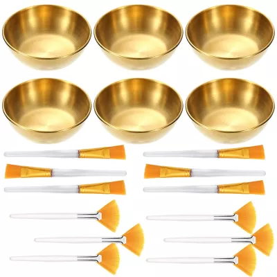 18 Pcs Esthetician Supplies for Facials Set, 6 Gold Stainless Steel Mixing Bowls, 6 Fan Mask Brushes & 6 Flat Applicator Brushes for Estheticians & Home Spa, Facial Mask Mixing Kit