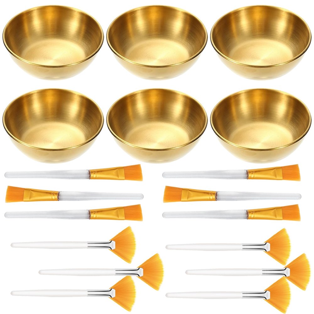 18 Pcs Esthetician Supplies for Facials Set, 6 Gold Stainless Steel Mixing Bowls, 6 Fan Mask Brushes & 6 Flat Applicator Brushes for Estheticians & Home Spa, Facial Mask Mixing Kit
