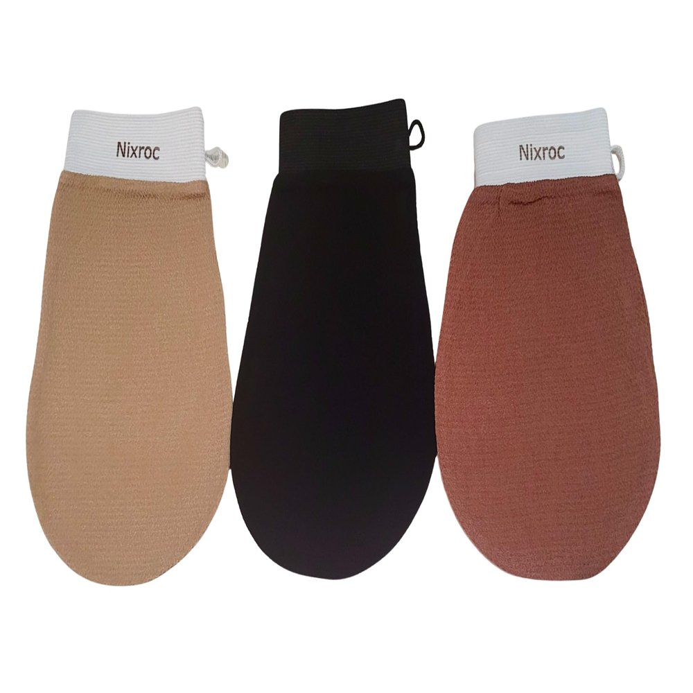Exfoliating Mitts Body Scrub Gloves for Bath or Shower, Men and Women's Deep Clean Exfoliating Tool to Remove Dead Skin and Dirt, Home Spa and Self-Tanning. 3 Pieces (Black, Beige, Brown)