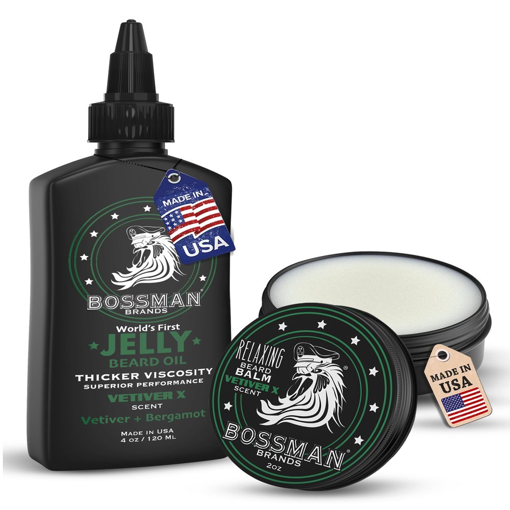 Bossman Jelly Beard Oil for Men + Relaxing Beard Balm Bundle | 2 Pack, 6 oz in Total (Vetiver X Scent) | Taming, Moisturizing, & Conditioning Products | Natural Ingredients  Made in the USA