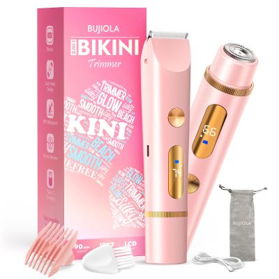 BUJIOLA 2025 Upgraded Bikini Trimmer for Women, Dual-Head Shaver with LCD Display, Ceramic-Blade Pubic Hair Trimmer, IPX7 Waterproof Wet & Dry Shower Shaver, Travel-Ready Gift Pouch (Light Pink)