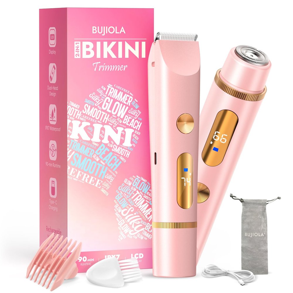 BUJIOLA 2025 Upgraded Bikini Trimmer for Women, Dual-Head Shaver with LCD Display, Ceramic-Blade Pubic Hair Trimmer, IPX7 Waterproof Wet & Dry Shower Shaver, Travel-Ready Gift Pouch (Light Pink)