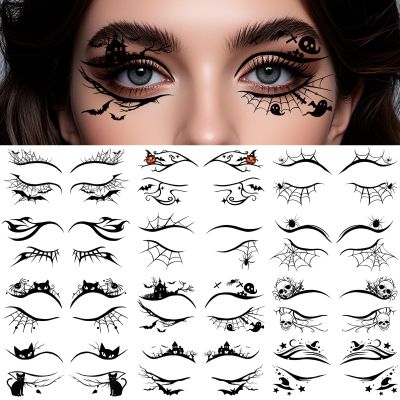 24 PCS Halloween Makeup Eye Temporary Tattoos Waterproof, Upper & Lower Lash Design Spider Web Bat Eyeliner Eye Shadow Tattoos Makeup Kit for Adult Women Men Girls Cosplay Halloween Party Decals