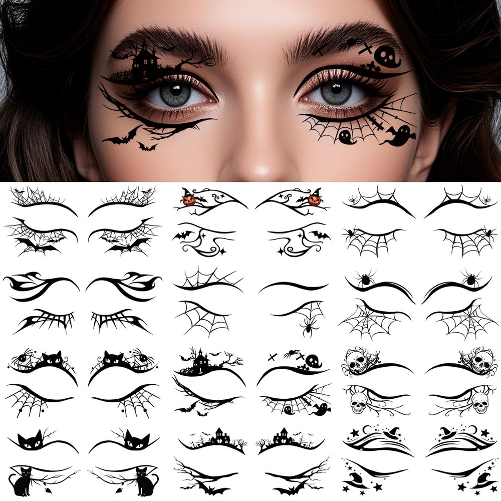 24 PCS Halloween Makeup Eye Temporary Tattoos Waterproof, Upper & Lower Lash Design Spider Web Bat Eyeliner Eye Shadow Tattoos Makeup Kit for Adult Women Men Girls Cosplay Halloween Party Decals