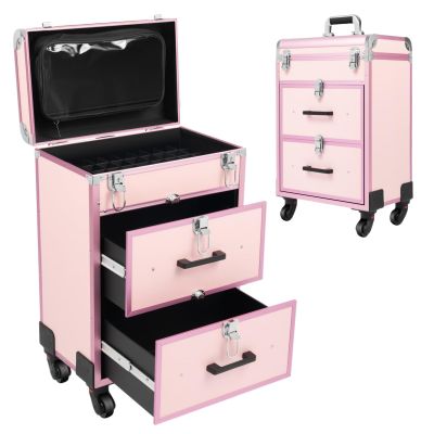 ZERNEIL Professional Rolling Makeup Train Case with Drawers Large Cosmetic Trolley with Locks, Make up Bag with dividers, 3 Layer Cosmetics Storage Organizer for Make-up Artists Hairdressers (Pink)