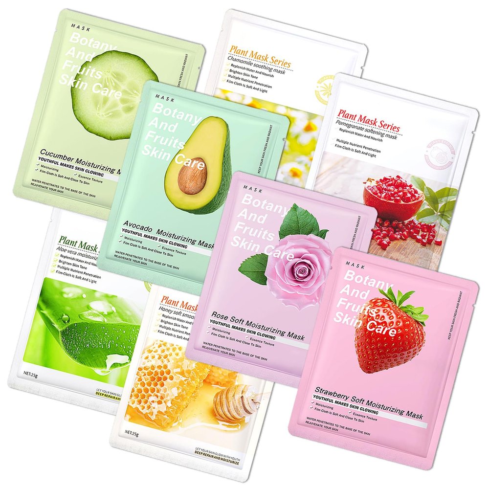 8 Pack Variety Facial Sheet Masks Skin Care Set, Hydrating Bulk Sheet Face Masks Skincare Gifts Set for Women Men, Long Lasting Moisturizing Face Mask Skincare for All Skin Type01)