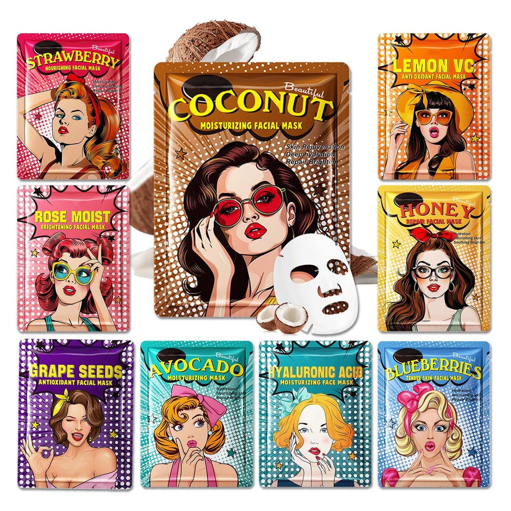 9 Pack Variety Facial Sheet Masks Skin Care Set, Hydrating Bulk Sheet Face Masks Skincare Gifts Set for Women Men, Long Lasting Moisturizing Face Mask Skincare for All Skin Type03)