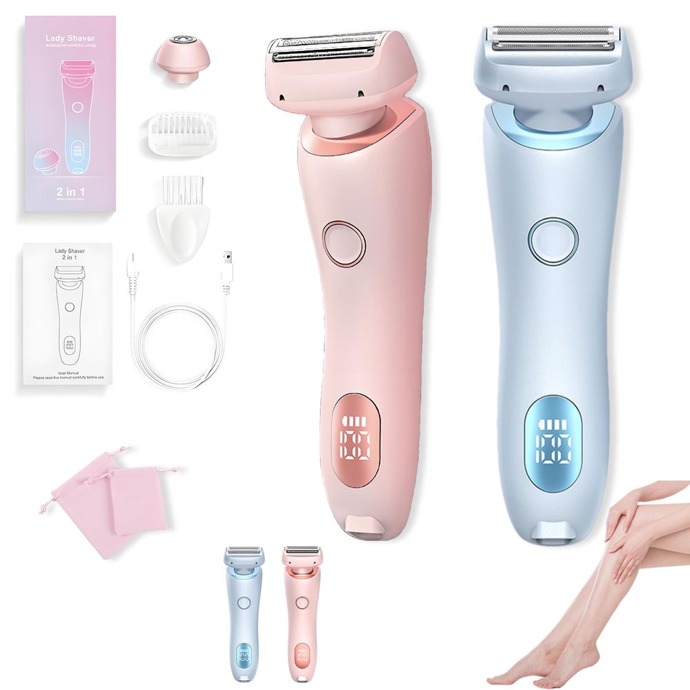 Womens Body Trimmer, IPX7 Waterproof 2 in 1 Electric Shavers for Women, Rechargeable Wet and Dry Portable Trimmer (2pcs Pink+Blue)