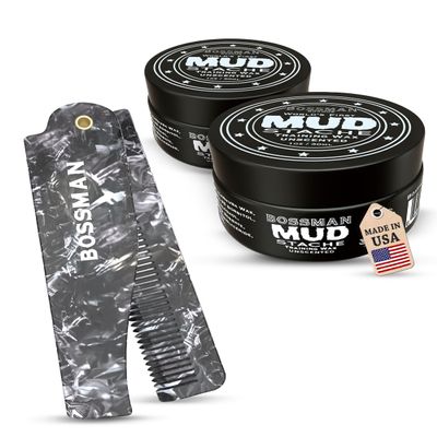 Bossman MUDstache Wax for Men 2 Pack + 3.5-Inch Acetate Folding Comb for Men Strong 24-Hour Hold Wax + Travel Size Mustache & Beard Comb - Made in USA