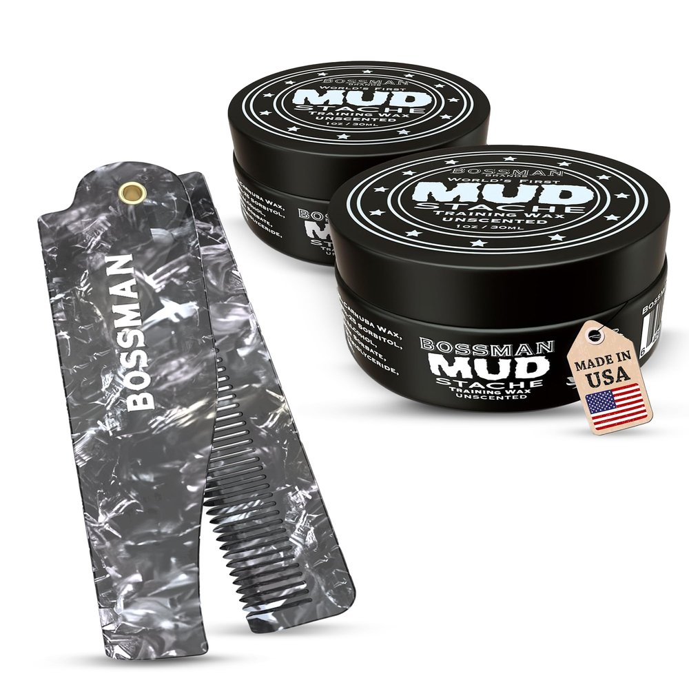 Bossman MUDstache Wax for Men 2 Pack + 3.5-Inch Acetate Folding Comb for Men  Strong 24-Hour Hold Wax + Travel Size Mustache & Beard Comb - Made in USA