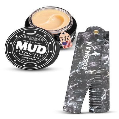 Bossman MUDstache Wax for Men 1 oz + 3.5-Inch Acetate Folding Comb for Men  Strong 24-Hour Hold Wax + Travel Size Mustache & Beard Comb - Made in USA