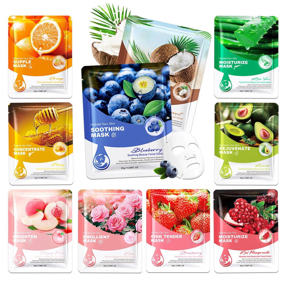 10 Pack Variety Facial Sheet Masks Skin Care Set, Hydrating Bulk Sheet Face Masks Skincare Gifts Set for Women Men, Long Lasting Moisturizing Face Mask Skincare for All Skin Type06)