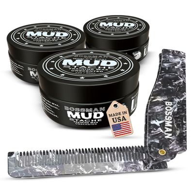 Bossman MUDstache Wax for Men 3 Pack + 3.5-Inch Acetate Folding Comb for Men  Strong 24-Hour Hold Wax + Travel Size Mustache & Beard Comb - Made in USA