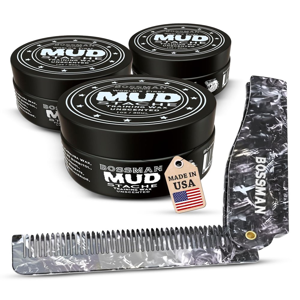 Bossman MUDstache Wax for Men 3 Pack + 3.5-Inch Acetate Folding Comb for Men  Strong 24-Hour Hold Wax + Travel Size Mustache & Beard Comb - Made in USA